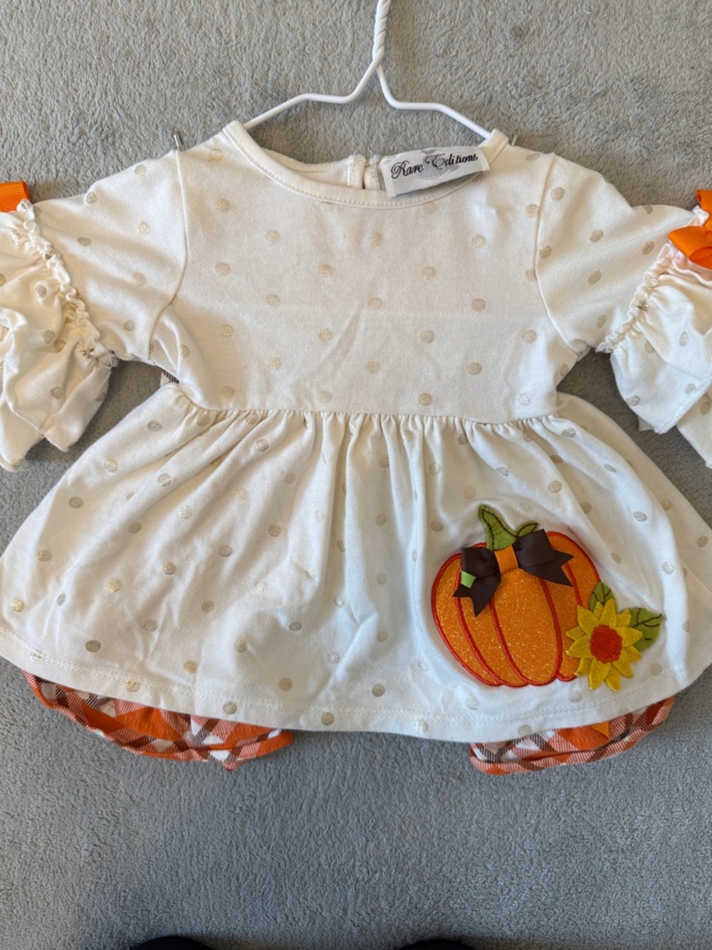 Rare Editions Cream and Orange Pumpkin Appliqué Dress